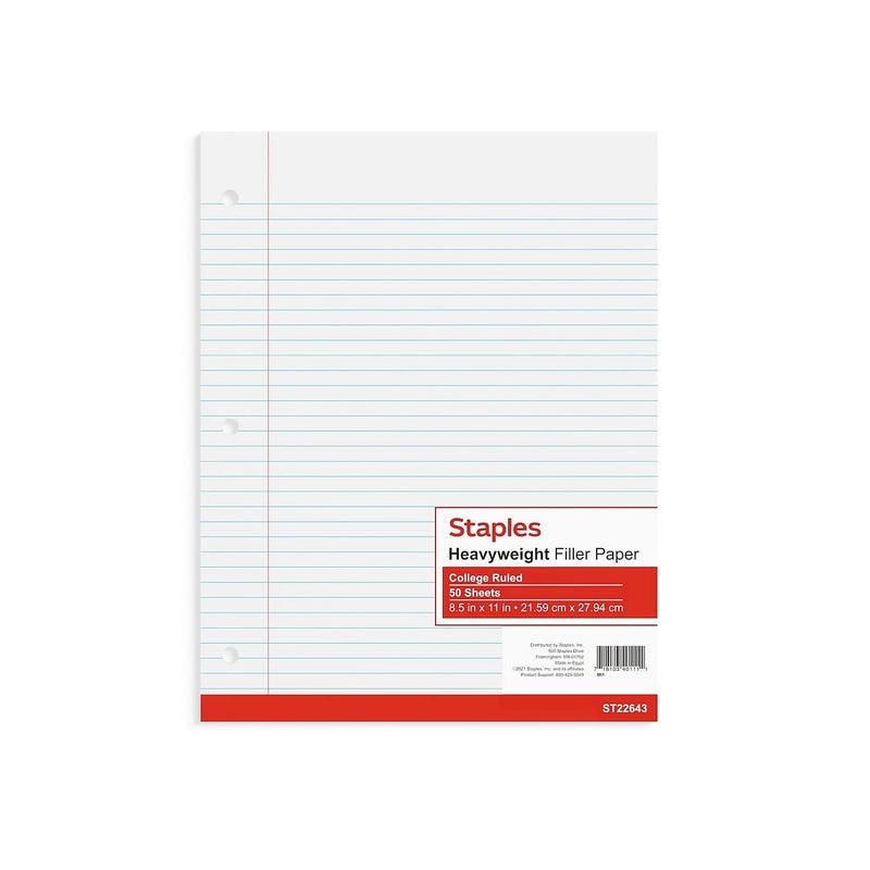 Staples 439497 Heavyweight College Ruled Filler Paper 8.5-Inch x 11-Inch 50 Sh./PK (22643) - Image 1